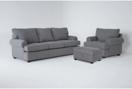 Hampstead Graphite 3 Piece Queen Sleeper Sofa, Chair & Storage Ottoman Set