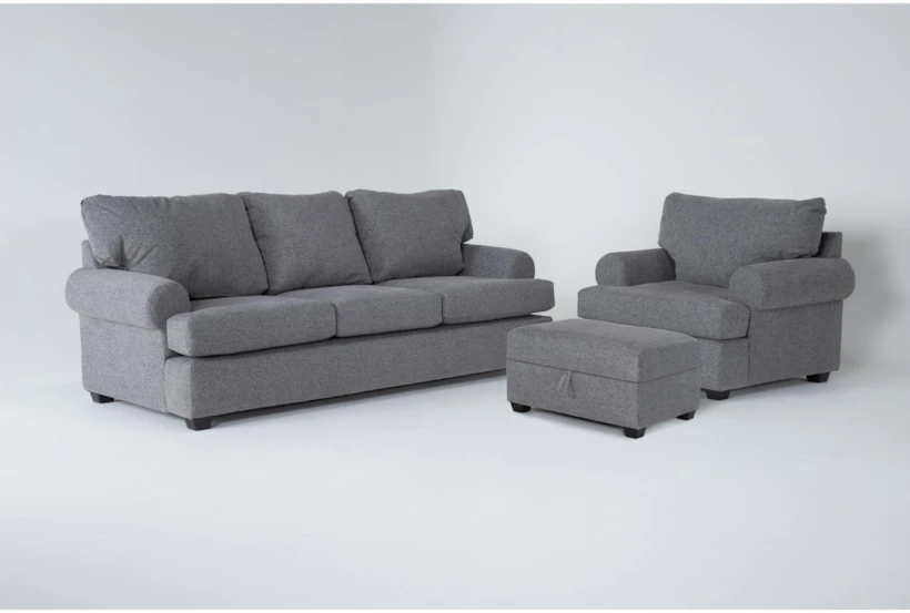 Hampstead Graphite 3 Piece Queen Sleeper Sofa, Chair & Storage Ottoman Set - 360