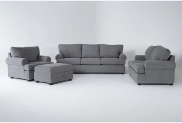 Hampstead Graphite 4 Piece Queen Sleeper Sofa, Loveseat, Chair & Storage Ottoman Set